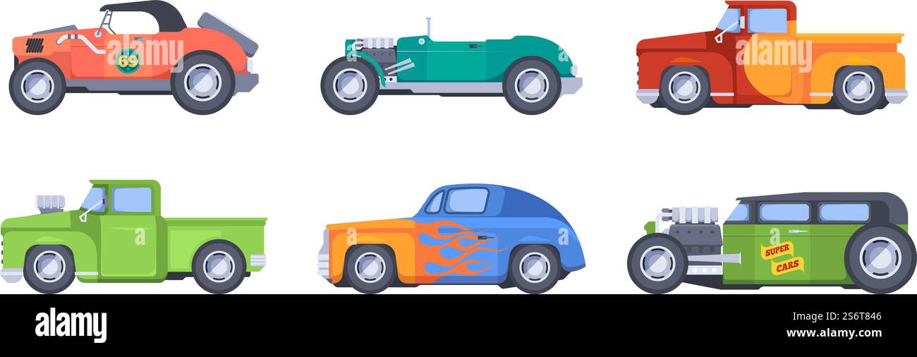 Retro-Autos. Tuning alte Oldtimer stilvolle schnelle Modelle grell Vektor Cars Sammlung isoliert. Illustration Auto im Vintage- und Retro-Stil. Retro-Autos. Tuning alte Oldtimer stilvolle schnelle Modelle grell Vektor Cars Sammlung isoliert Stock Vektor
