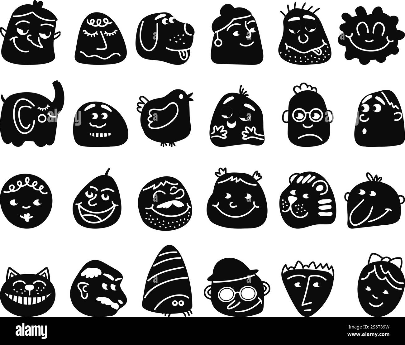 Emotionale abstrakte Avatare. Negativer Freund Avatar, isoliertes Emotionsgesicht. Gezeichneter Lächelmund, flacher, lustiger schwarzer Humor, anständige Vektorfiguren. Illustration freundliche Avatargesicht Emotion. Emotionale abstrakte Avatare. Negativer Freund Avatar, isoliertes Emotionsgesicht. Gezeichneter Lächelmund, flacher, lustiger schwarzer Humor, anständige Vektorfiguren Stock Vektor