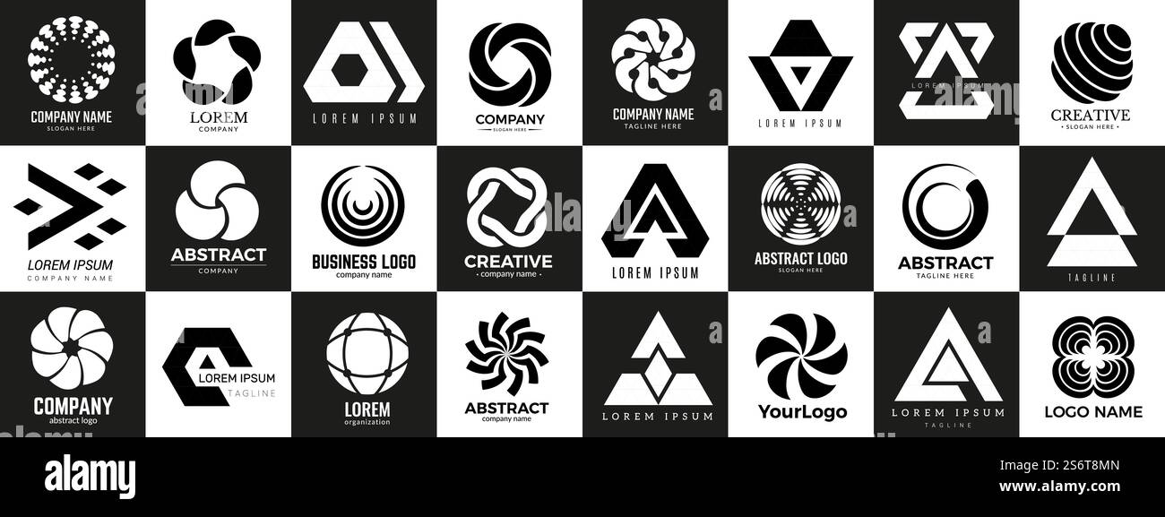 Firmenlogos. Vielfältige, moderne Logovorlagen-Kollektion. Schwarz-weiße Firmenembleme, Vektordreieck rund um abstrakte Ikonen. Business-Logo Moderne, Typografie-Abzeichen Firmenmarke Illustration. Firmenlogos. Vielfältige, moderne Logovorlagen-Kollektion. Schwarz-weiße Firmenembleme, Vektordreieck rund um abstrakte Ikonen Stock Vektor