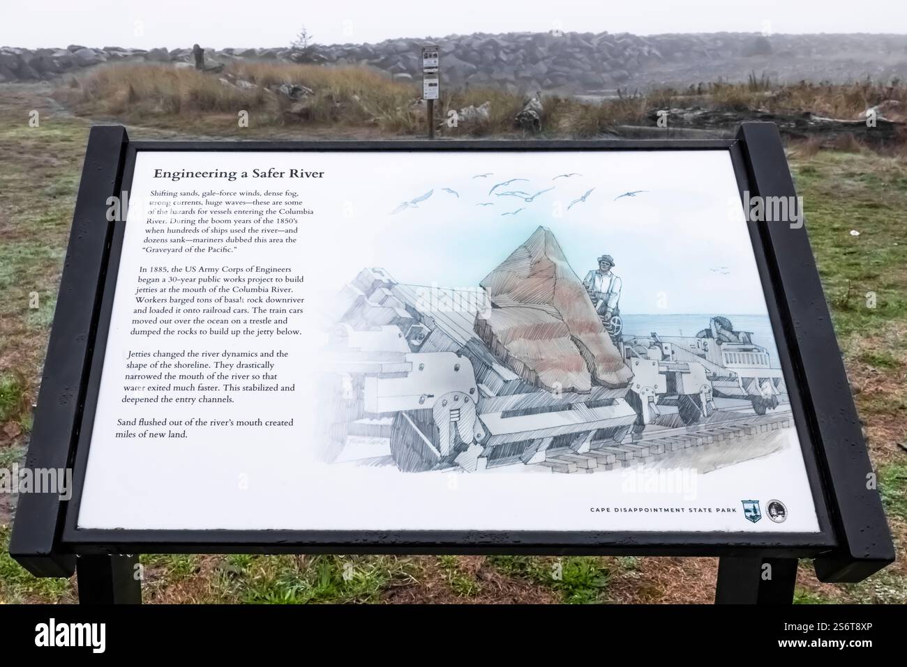 Hinweisschild über die technische Mündung des Columpia River, um es sicherer zu machen, Cape Enttäuschung State Park, Washington State, USA [keine Veröffentlichung; edito Stockfoto Hinweisschild über die technische Mündung des Columpia River, um es sicherer zu machen, Cape Enttäuschung State Park, Washington State, USA [keine Veröffentlichung; edito Stockfoto