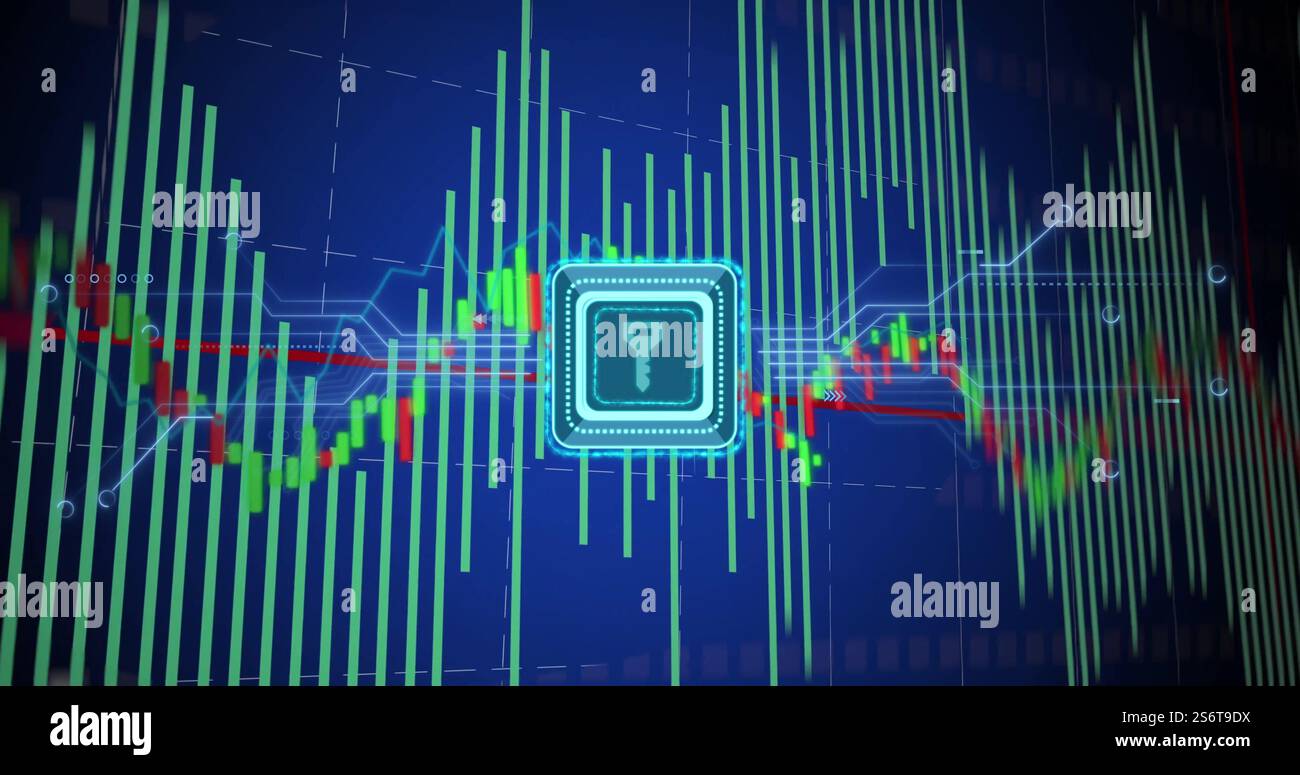 Schlüsselsymbol über schwankendem Börsendiagramm und Datenanalyse Stockfoto
