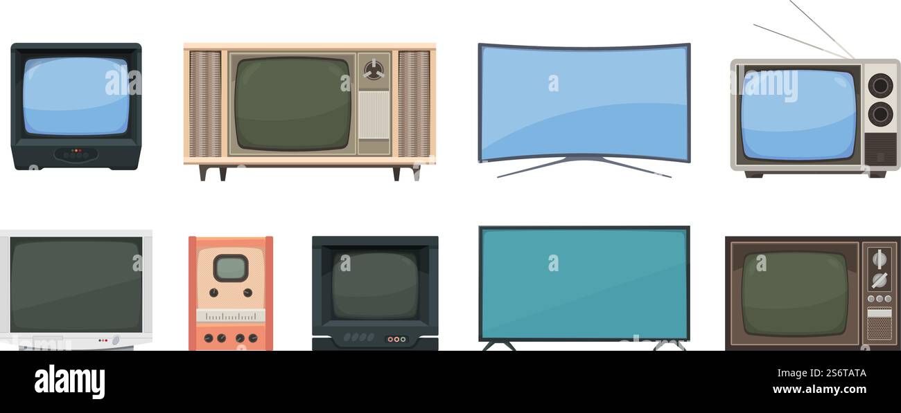 TV-Sets. Gadgets für Streaming Nachrichten Sendungen Filme Retro tv und moderne digitale Artikel grellen Vektorset. Illustration tv-Bildschirm, elektronisches digitales Fernsehen, veraltete Medien. TV-Sets. Gadgets für Streaming Nachrichten Sendungen Filme Retro tv und moderne digitale Artikel grellen Vektorset Stock Vektor