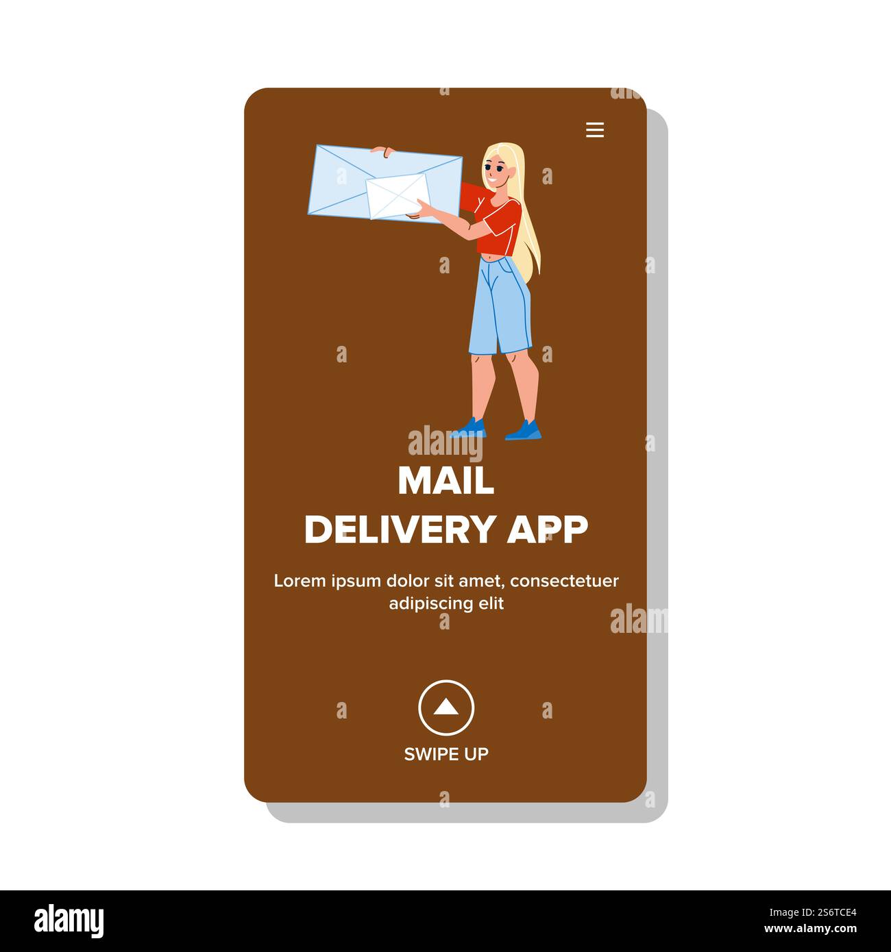 Mobile App-Service für die Postzustellung. Online-Mailbox paracel. Truck Order Charakter Web flache Zeichentrickillustration. App-Vektor für die Zustellung von E-Mails Stock Vektor