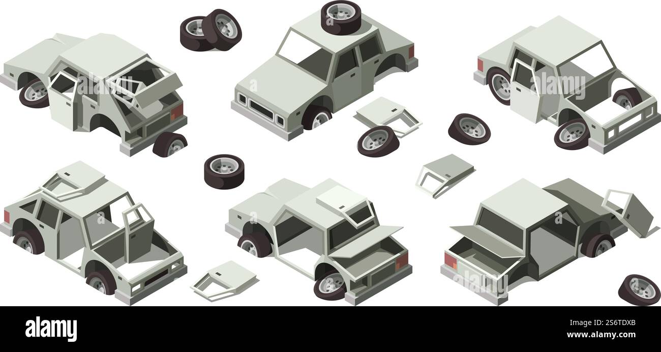 Beschädigte Autos. Verlassene Fahrzeuge rostige alte kaputte Autos metallische Vintage Transport grell Vektor Illustrationen isometrische Set. Verlassenes Auto, vergessenes Auto, Müll und Schrott. Beschädigte Autos. Verlassene Fahrzeuge rostige alte kaputte Autos metallische Vintage Transport grell Vektor Illustrationen isometrische Set Stock Vektor