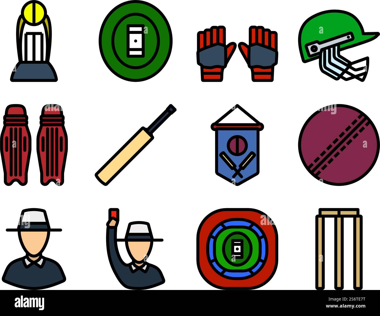 Cricket-Icon-Set. Editierbare Fett Formatigte Kontur Mit Farbfüllungsdesign. Vektorgrafik. Stock Vektor