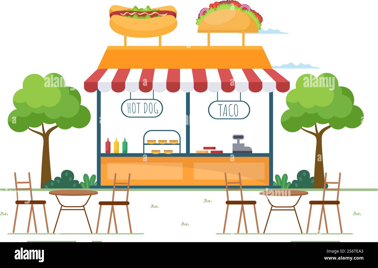 Menschen, die im Freien essen Street Food Serving Fast Food wie Pizza, Burger, Hot Dog oder Tacos in Flat Cartoon Hintergrund Poster Illustration Stock Vektor