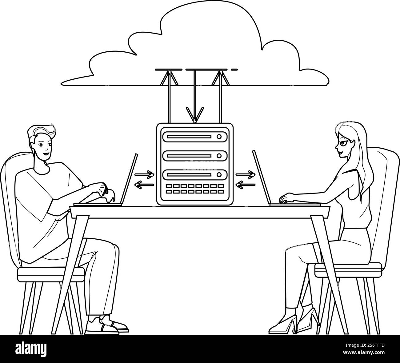 Cloud Hosting Storage Service Mit People Black Line Bleistift Zeichenvektor. Cloud Hosting Data Server Verwenden Benutzer Von Männern Und Frauen Zum Hoch- Und Herunterladen Digitaler Computerdateien. Zeichen. Cloud Hosting Storage Service Mit People Vector Stock Vektor