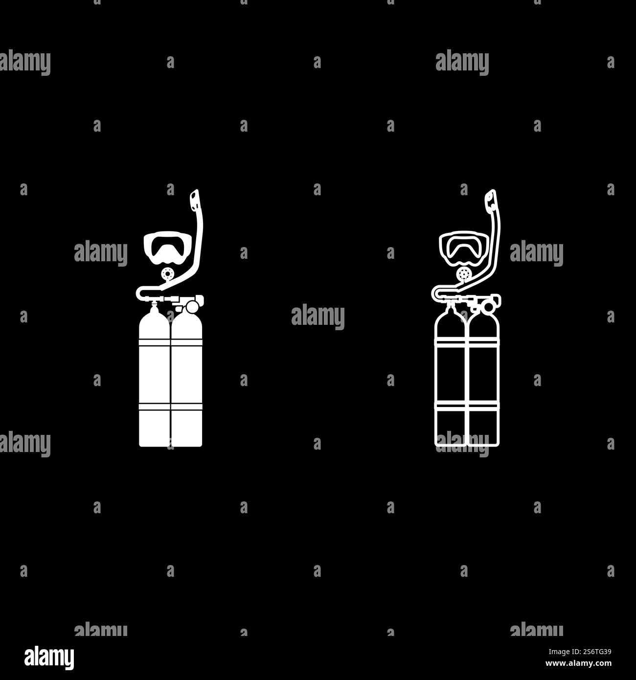 Set von Skin-Taucher Taucher Taucher Maske Schnorchel Aqualung Tauchtank Zylinder Ballon Tauchausrüstung Set Symbol weiß Farbe Vektor Illustration Bild einfache feste Füllung Kontur Linie dünn flach Stil. Set von Hauttaucher Taucher Maske Schnorchel Aqualung Tauchtank Zylinder Ballon Tauchausrüstung Set Symbol weiß Farbe Vektor Illustration Bild Solid füllen Kontur Linie dünn flach Stil Stock Vektor