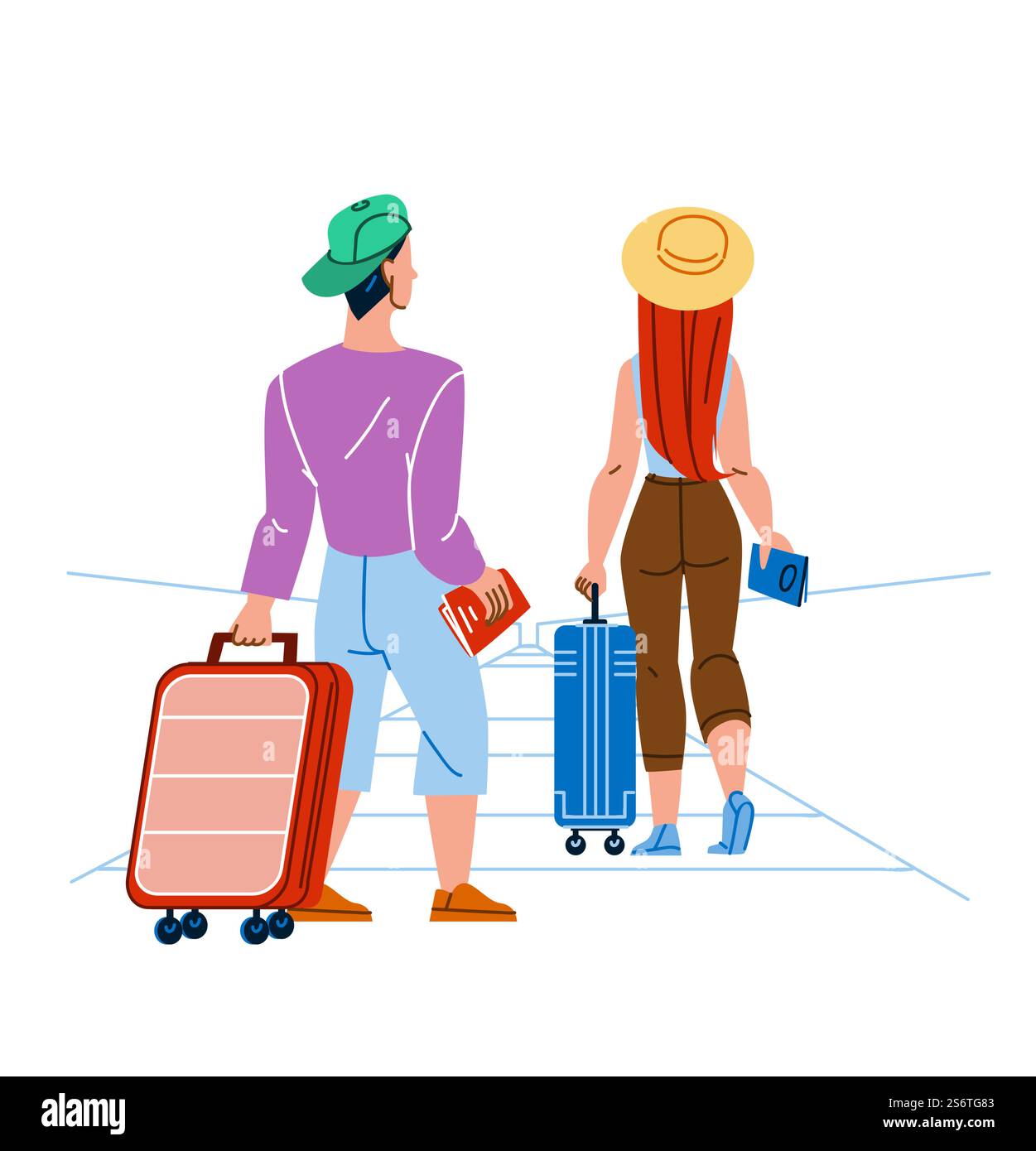 Reisende Schleppen Gepäck Auf Flughafen Escalator Vektor. Junge Mann Und Frau Gehen Und Schleppen Gepäck Auf Dem Flughafen-Eskalator Zusammen. Charaktere Tourismus Und Ferienwohnung Cartoon Illustration. Reisende Schleppen Gepäck Auf Flughafen Escalator Vektor Stock Vektor