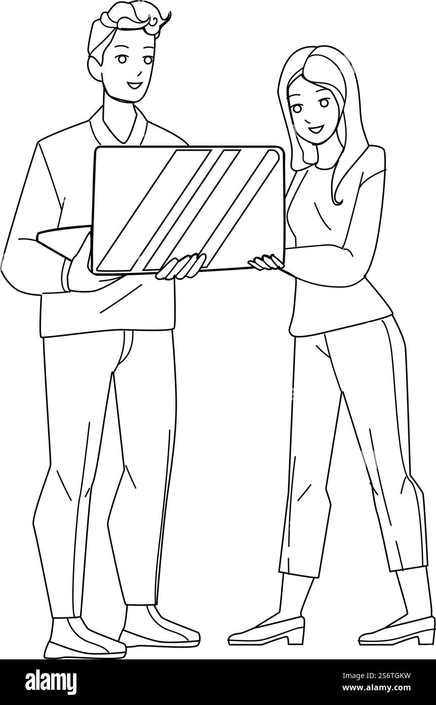 IT-Mitarbeiter. Zeichenvektor Mit Schwarzem Linienstift. Business-Computer. Internet-Netzwerk im Büro. Abbildung des Systemkonzepts für Zeichen im Web. Vektor der Informationstechnologie Stock Vektor