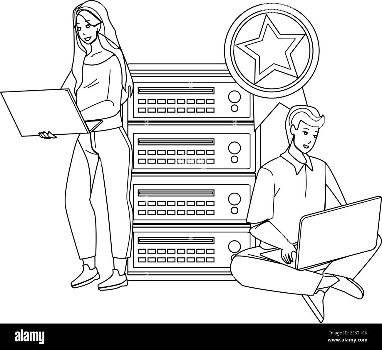 Premium Hosting Mit Mann Und Frau Benutzer Schwarze Linie Bleistift Zeichnung Vektor. Junge Und Mädchen Verwenden Laptop Und Sind Mit Server Premium Hosting Verbunden. Charaktere Konnektivität Cyberspace-Technologie – Illustration. Premium-Hosting Mit Vektor Für Männer Und Frauen Stock Vektor