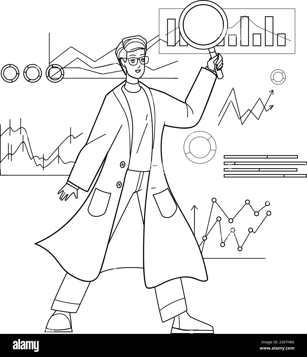 Datenwissenschaftler Ai-Analytik. Zeichenvektor Mit Schwarzem Linienstift. Algorithmus Geschäftstechnologie Charakter Web Illustration. Vektor von Data Scientist Stock Vektor