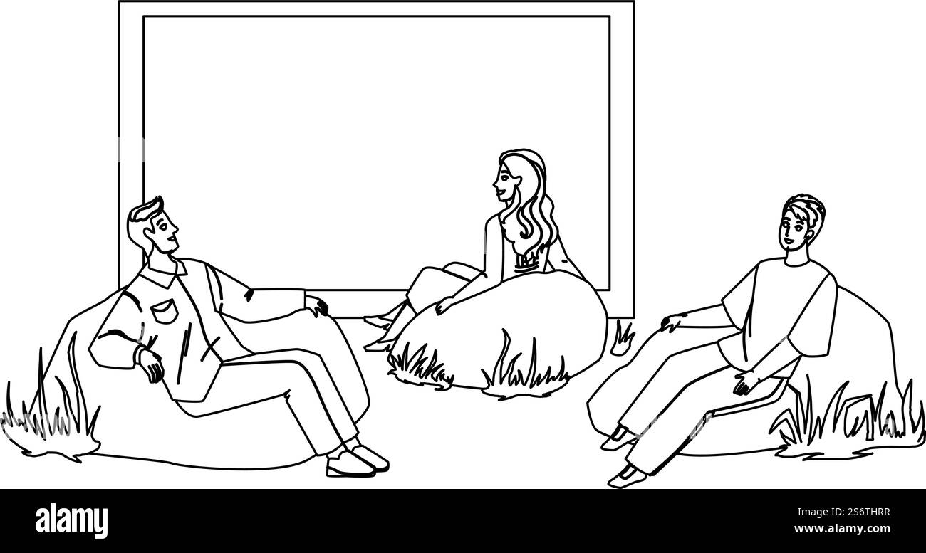 Outdoor Cinema Movie Genießen Sie Menschen Zusammen Black Line Bleistift Zeichnen Vektor. Männer Und Frauen Sitzen In Einem Weichen Sessel Und Schauen Sich Filme Im Outdoor-Kino An. Freizeit Im Freien. Outdoor Cinema Movie Genießen Sie Menschen Zusammen Vektor Stock Vektor