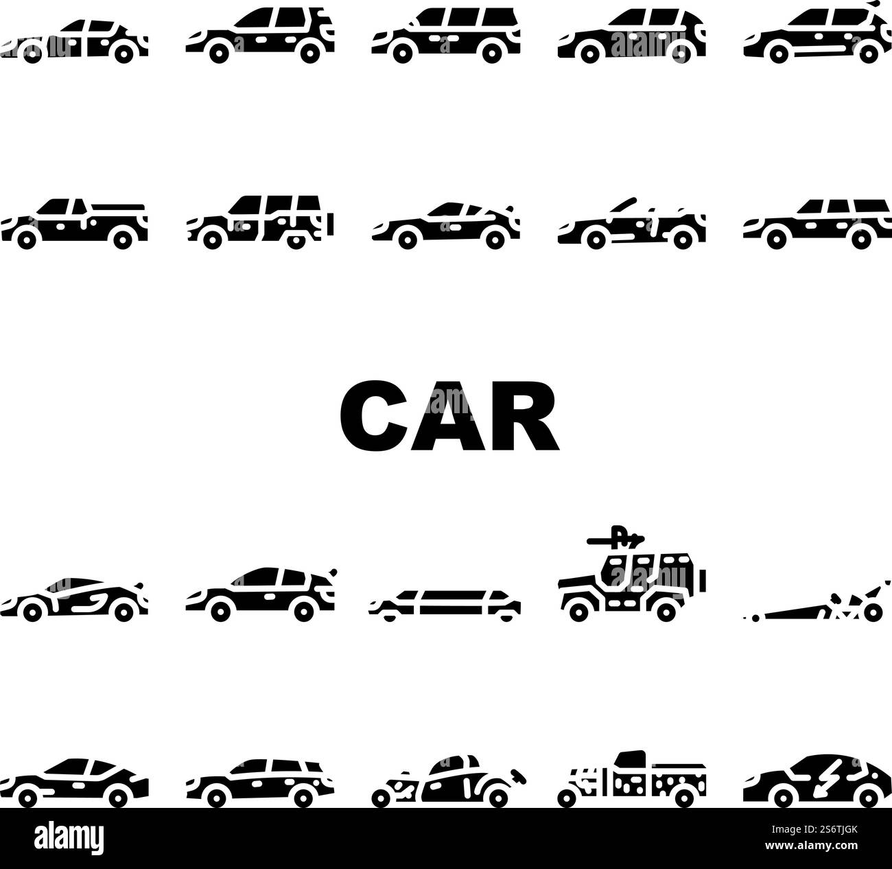 Autotransport Verschiedene Symbole Für Karosserietyp Set Vektor. Fließheck Und Limousine, Mpv Kleinbus Und Cuv Crossover, Limousine Und Sportscar, Grand Tourer Und Suv Fahrzeug Auto Glyph Piktogramme Schwarze Illustrationen. Autotransport Verschiedene Symbole Für Karosserietyp Set Vektor Stock Vektor