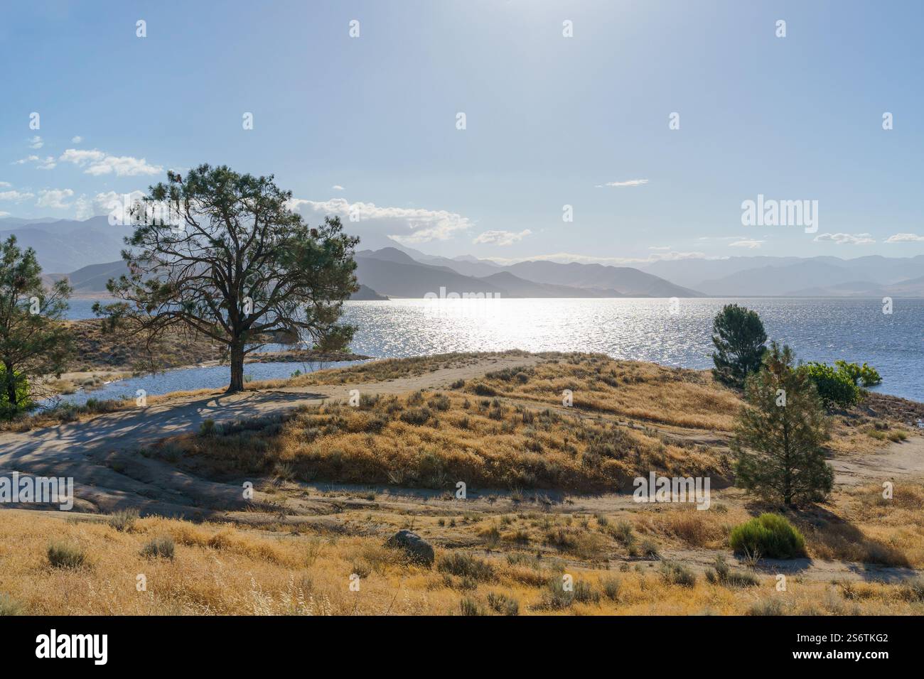 Isabella Lake Reservoir mit Sonnenlicht auf dem Wasser im Sequoia National Forest, Kalifornien, Kern County Stockfoto