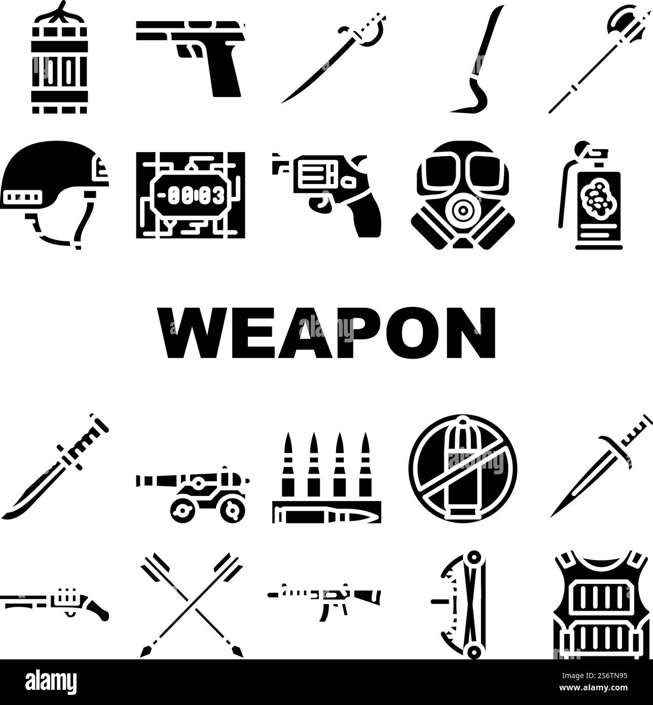 Waffen Militär Ausrüstung Icons Set Vektor. Bogen Und Pfeil Zum Zielen, Revolver-Handpistole, Gewehr- Und Waffenwaffe, Kugelhelm. Piktogramme Messer Schwert, Granate Und Dynamit Glyphe Schwarze Illustrationen. Waffen Militär Ausrüstung Icons Set Vektor Stock Vektor