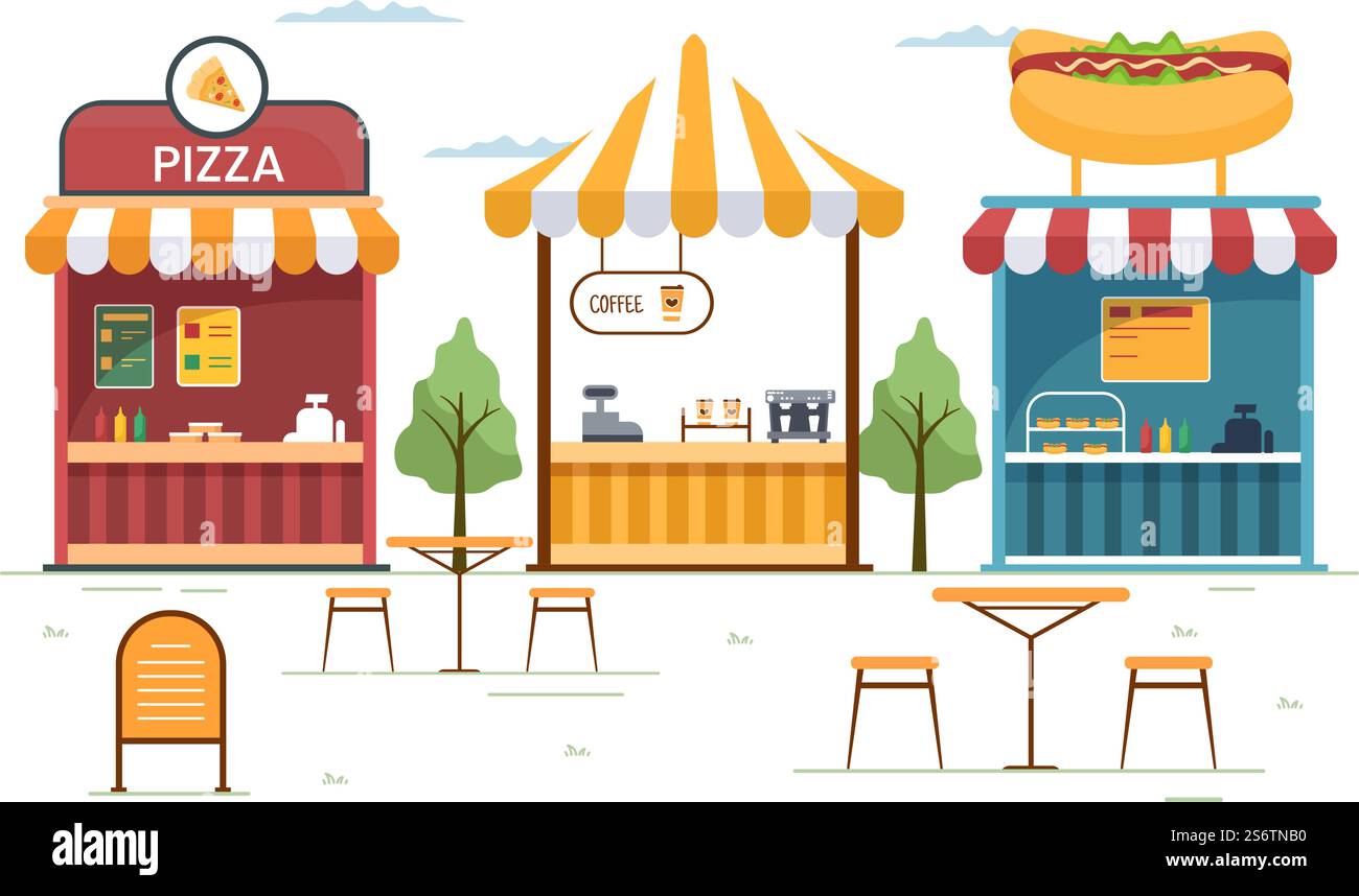 Menschen, die im Freien essen Street Food Serving Fast Food wie Pizza, Burger, Hot Dog oder Tacos in Flat Cartoon Hintergrund Poster Illustration Stock Vektor