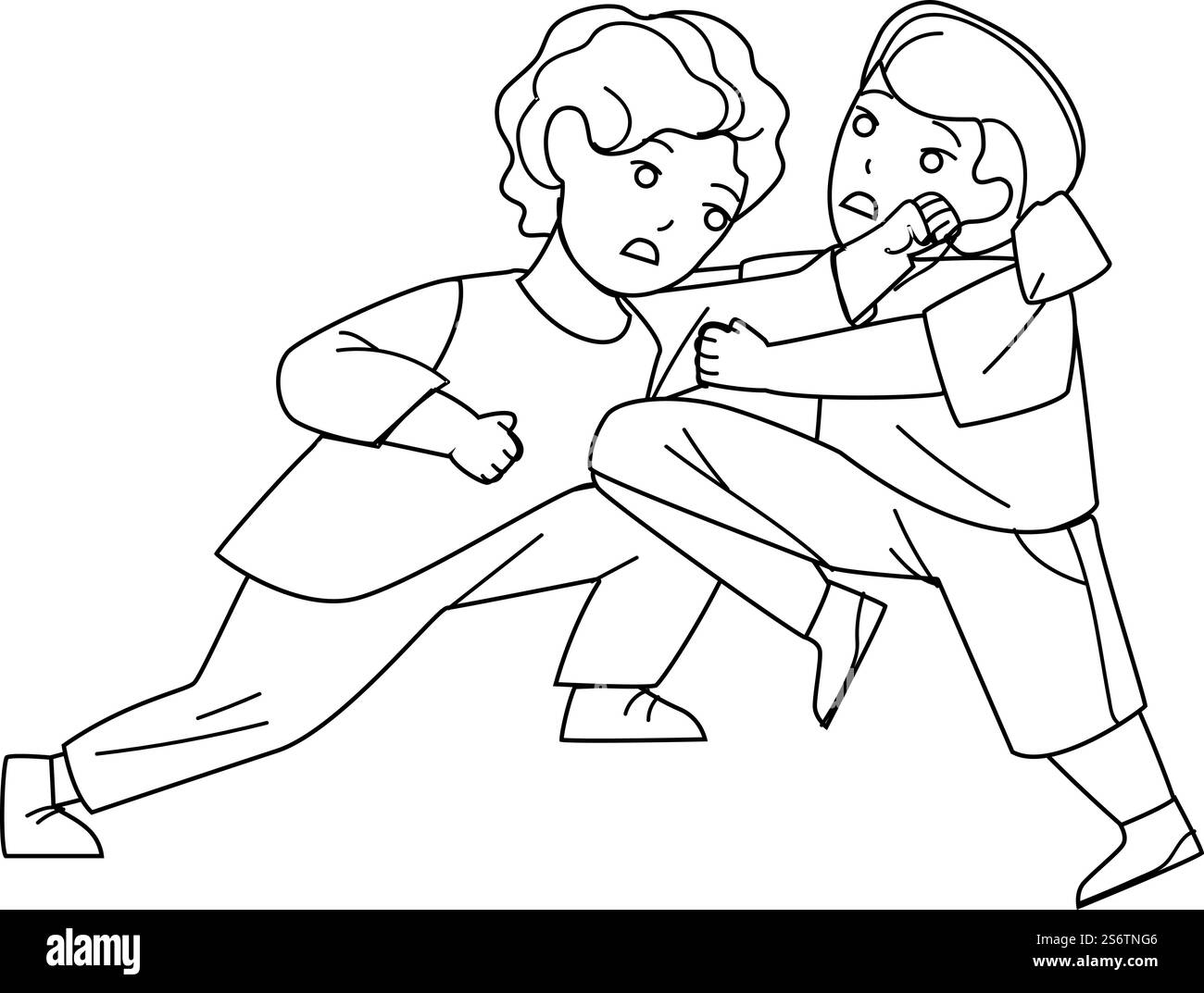 Wütende Schuljungen Kämpfen Im Schulkorridor Black Line Bleistift Zeichnen Vektor. Aggressiver Schulkämpfer, Kinder-Mobbing-Problem. Charaktere Jungen Schüler Konflikt- Und Meinungsverschiedenheiten Illustration. Wütende Schuljungen Kämpfen Im Schulkorridor Vector Stock Vektor