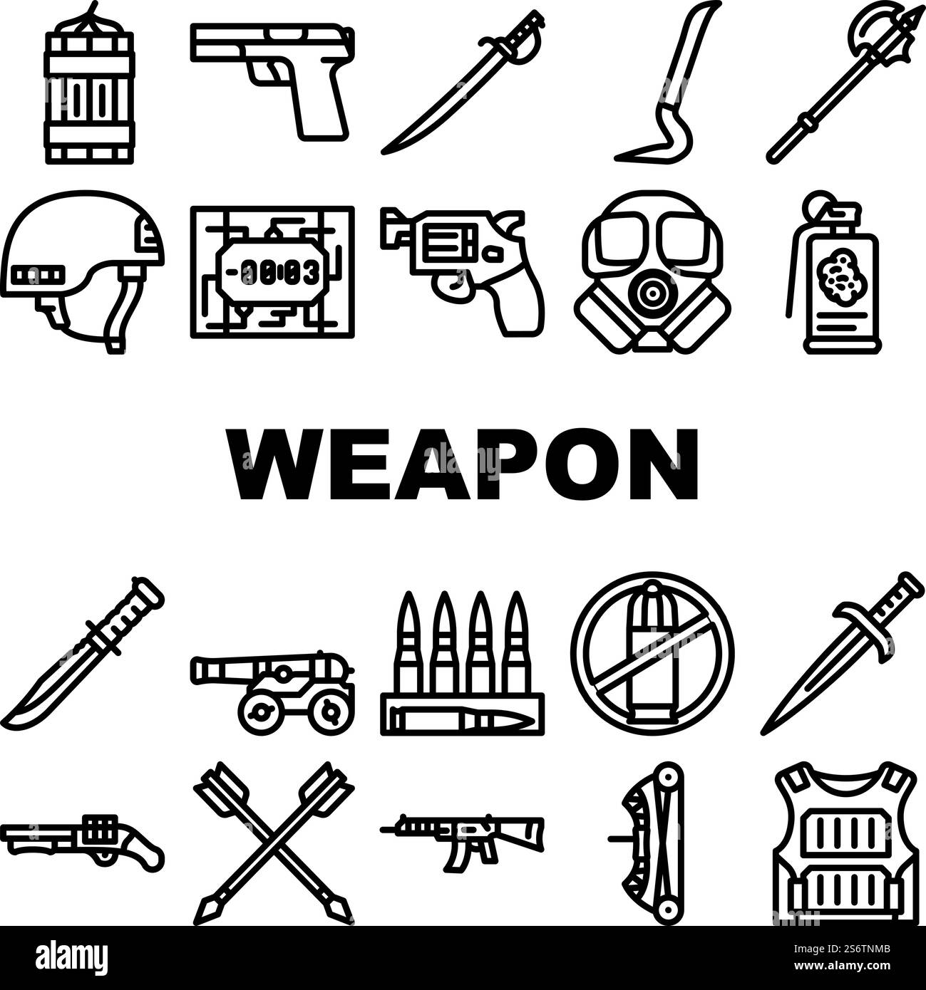 Waffen Militär Ausrüstung Icons Set Vektor. Bogen Und Pfeil Zum Zielen, Revolver Und Pistole, Gewehr- Und Waffenwaffe, Bullet Helmet Line. Illustrationen Für Messerschwerter, Granate Und Dynamit Black Contour. Waffen Militär Ausrüstung Icons Set Vektor Stock Vektor
