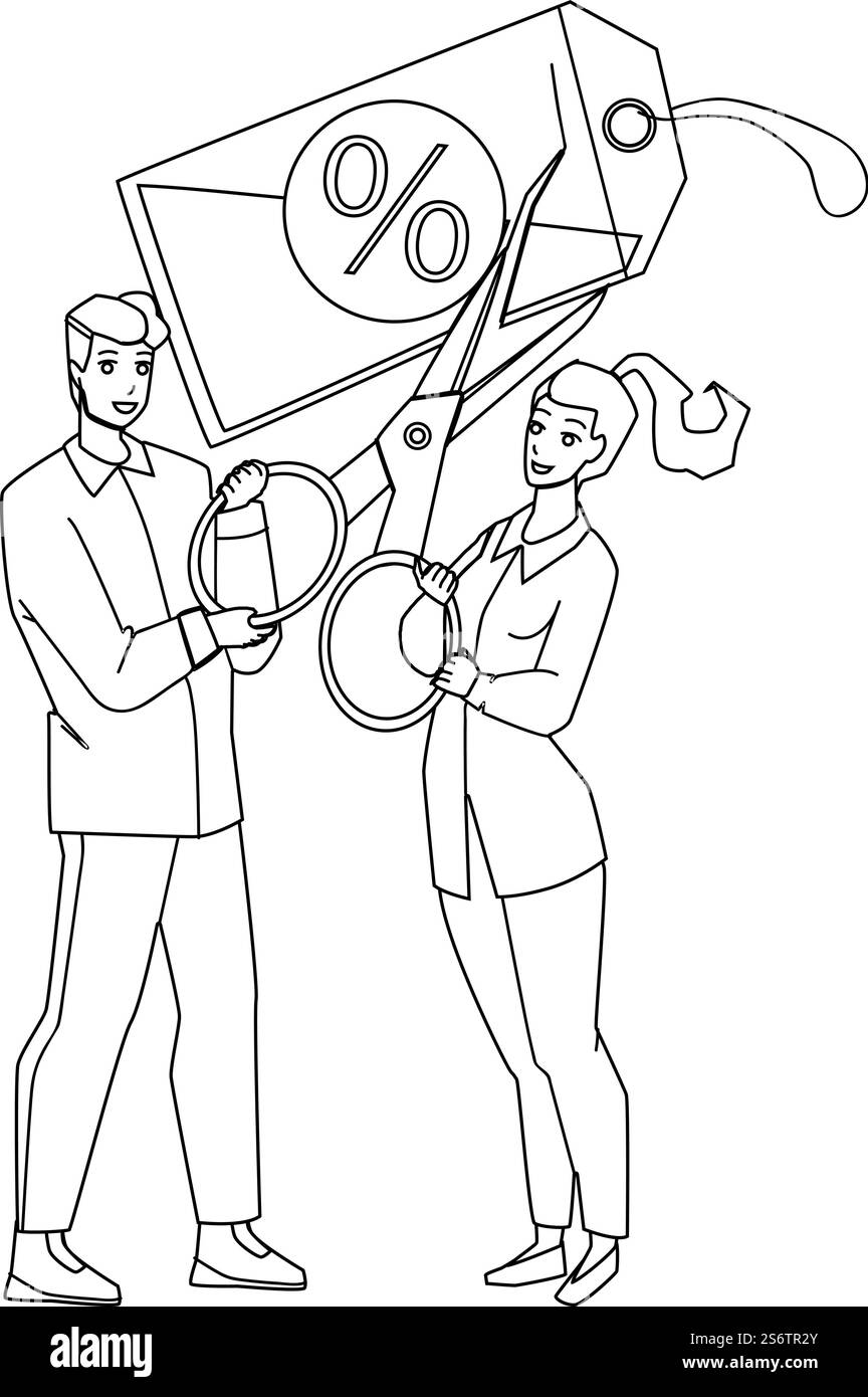 Cut Price Saisonales Sonderangebot Im Geschäft Schwarze Linie Bleistiftzeichnung Vektor. Frau Hält Tag Und Mann Schneidet Preis-Etikett Mit Schere Zubehör. Abbildung „Kürzungsrate Und Verkaufsrabatt“. Saisonales Sonderangebot Zum Reduzierten Preis Im Store Vektor Stock Vektor