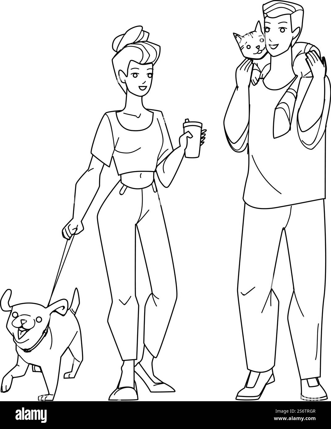 In Park Pet Walking Mann Und Frau Zusammen Black Line Bleistift Zeichnen Vektor. Im Park Laufen Die Menschen Mit Hund Und Katze Zusammen. Junge Und Mädchen Gehen Mit Haustier Im Freien. In Park Pet Walking Man And Woman Together Vector Stock Vektor