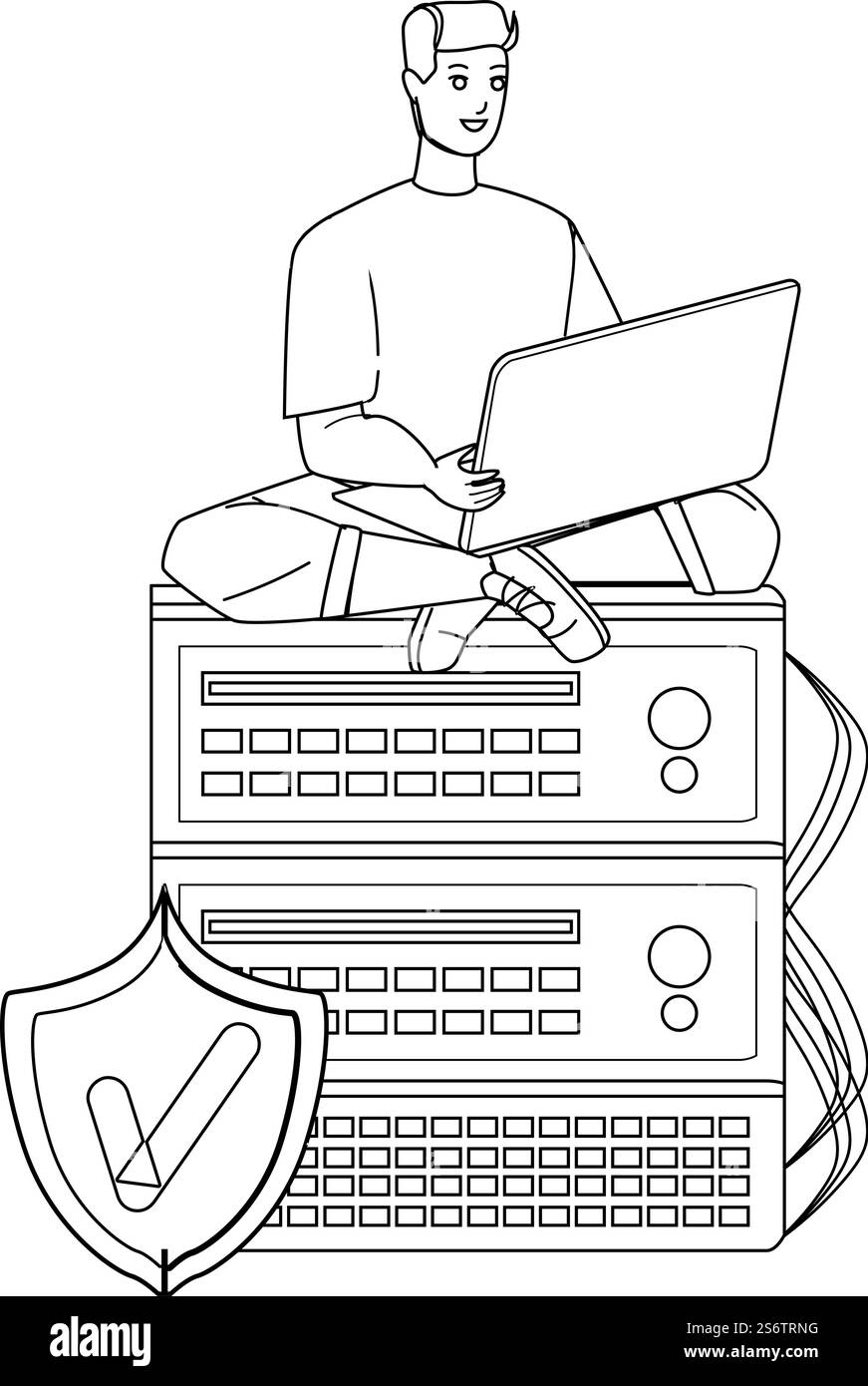Vps Hosting Internet Service Mit Man Black Line Bleistift Zeichnung Vektor. Vps Hosting Connected User Boy Mit Laptop. Charakterfigur Sitzt Auf Dem Data Center-Server, Computertechnik-Illustration. Vps Hosting Von Internetdiensten Mit Man Vector Stock Vektor
