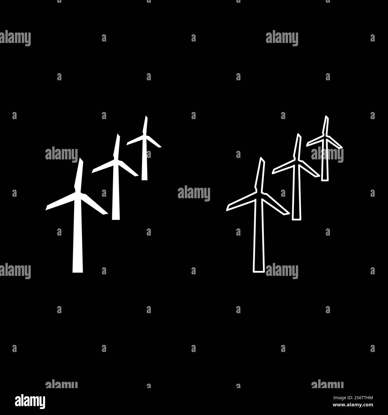Windgeneratoren Turbinenenergie Windmühle Clean Energy Concept Set Symbol weiß Vektor Illustration Bild einfache Vollfüllung Kontur Linie dünn flach Stil. Windgeneratoren Turbinenenergie Windmühle Clean Energy Concept Set Symbol weiß Farbe Vektor Illustration Bild Vollflächig füllen Kontur Linie dünn flach Stil Stock Vektor