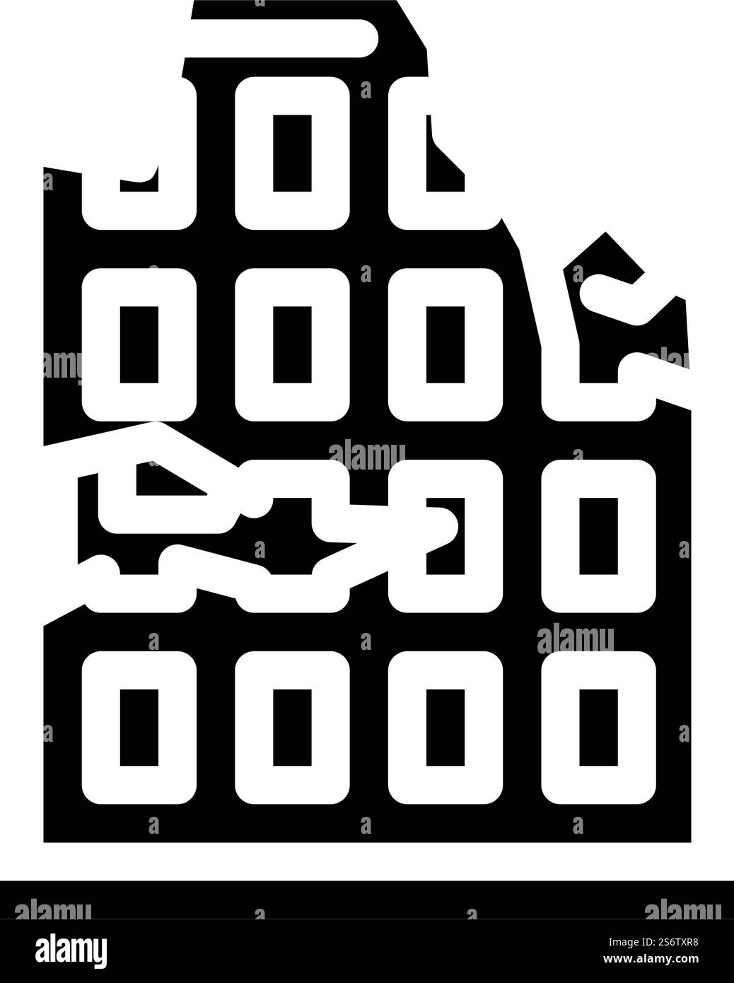 Glyphe-Symbol-Vektor des ruinierten Hauses. Schild für ein ruiniertes Haus. Schwarze Abbildung des isolierten Kontursymbols. Ruinierte Haus Glyphe Symbol Vektor Illustration Stock Vektor