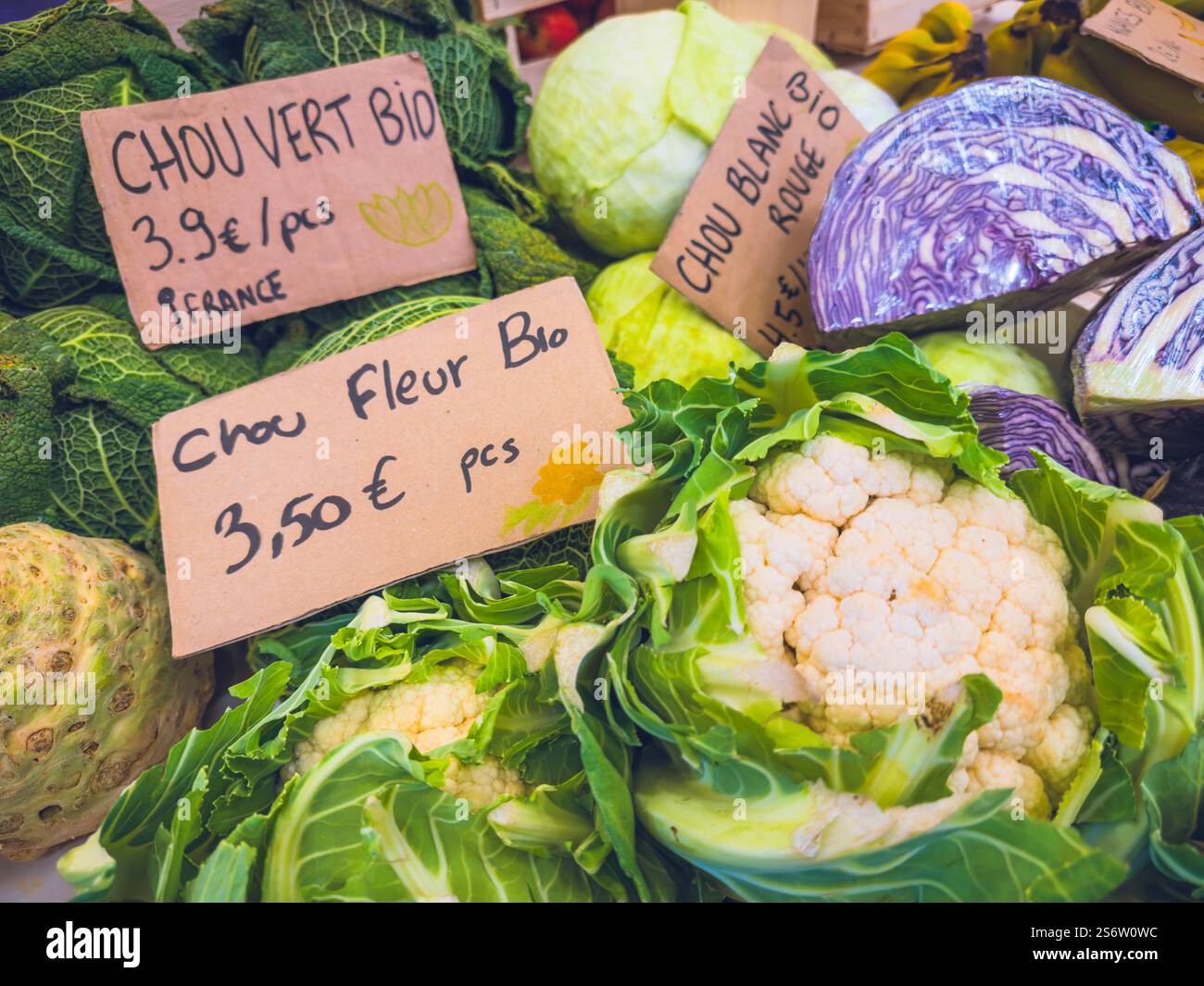 Verschiedene Bio-Kohl zum Preis Stockfoto