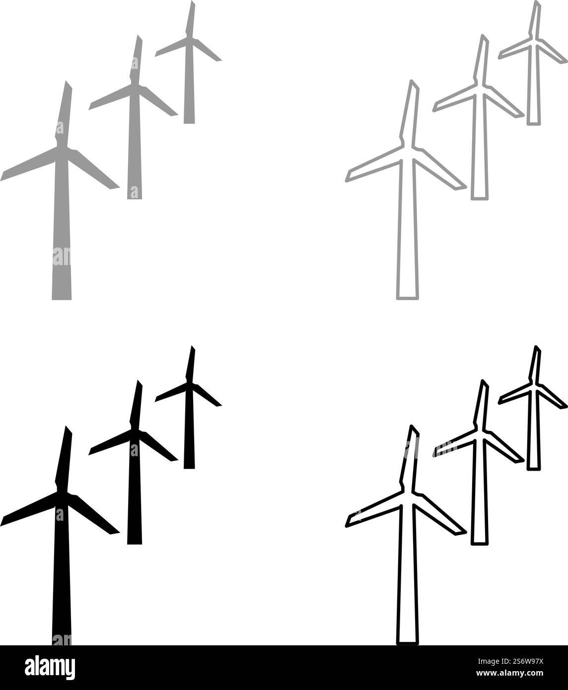 Windgeneratoren Turbinenkraftwerk Windmühle Clean Energy Concept Set Symbol grau schwarz Vektor Illustration Bild einfache Vollfüllung Kontur Linie dünn flach Stil. Windgeneratoren Turbinenkraftwerk Windmühle Clean Energy Concept Set Symbol grau schwarz Vektor Illustration Bild Solid Füllung Kontur Linie dünn flach Stil Stock Vektor