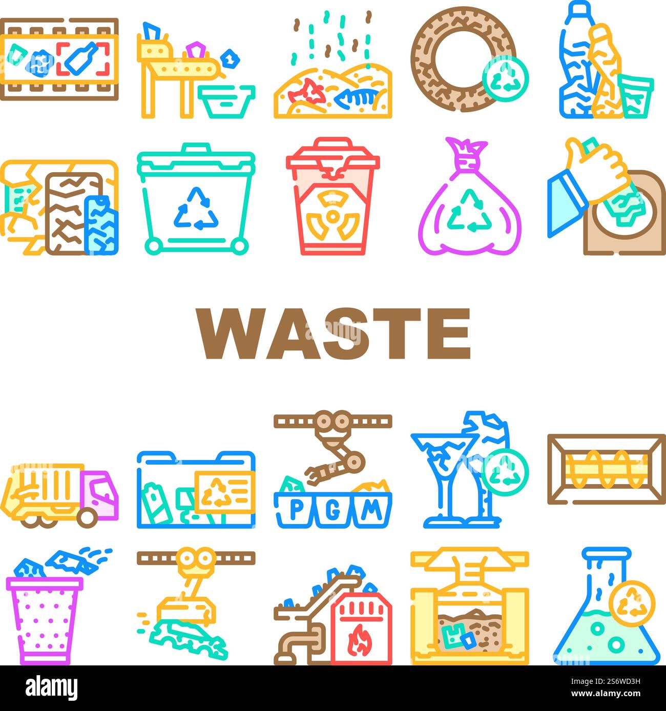 Symbole Für Die Abfallsortierung Von Förderanlagen Set Vektor. Sortierung, Transport, Recycling Und Verbrennung Chemischer Gefahrstoffe, Technik Und Organischer Abfälle. Farbige Abbildungen Für Abfallbehälter Und Beutel. Symbole Für Die Abfallsortierung Von Förderanlagen Set Vektor Stock Vektor