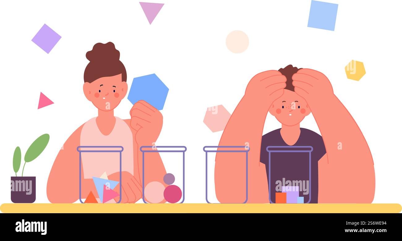 Kinder sortieren geometrische Figuren. Kinder im Logikunterricht: Wählen Sie die richtige Lösung. Multitasking-Konzept. Cartoon Junge und Mädchen denken, arbeiten zusammen, Vektor-Illustration der Bildung Vorschule. Kinder sortieren geometrische Figuren. Kinder im Logikunterricht: Wählen Sie die richtige Lösung. Multitasking-Konzept. Cartoon Junge und Mädchen denken, arbeiten zusammen, Vektorszene Stock Vektor