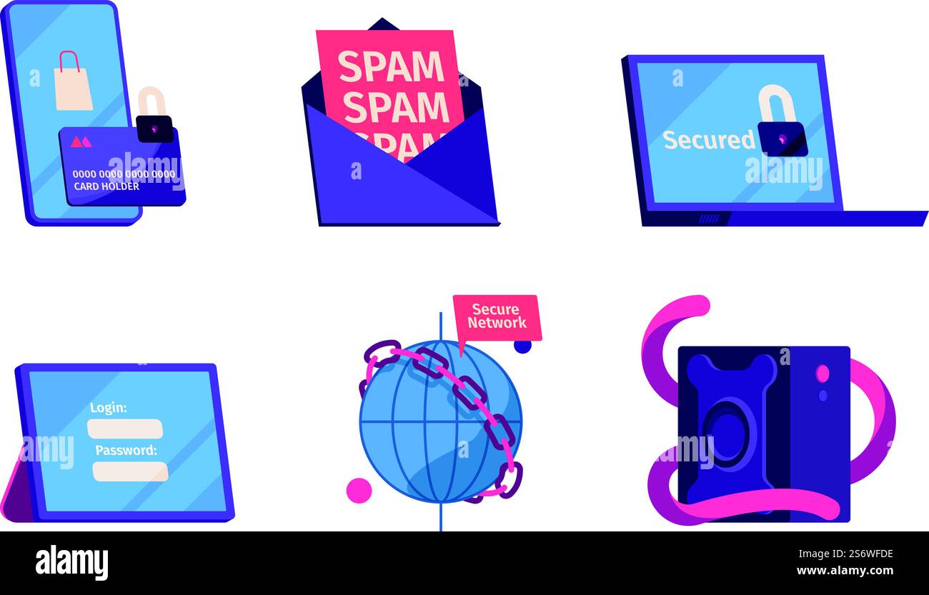 Cyber-Sicherheit. Frames für die Eingabe von Passwörtern sperren sichere Online-Systeme mit grellen Vektorsymbolen. Illustration von Sicherheit und Cyberschutz. Cyber-Sicherheit. Frames für die Eingabe von Passwörtern sperren sichere Online-Systeme mit grellen Vektorsymbolen Stock Vektor