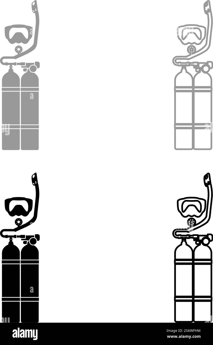Set von Skin-Taucher Taucher Taucher Maske Schnorchel Aqualung Tauchtank Zylinder Ballon Tauchausrüstung Set Symbol grau schwarz Farbe Vektor Illustration Bild einfache feste Füllung Kontur Linie dünn flach Stil. Set von Hauttaucher Taucher Maske Schnorchel Aqualung Tauchtank Zylinder Ballon Tauchausrüstung Set Symbol grau schwarz Farbe Vektor Illustration Bild Solid Füllung Kontur Linie dünn flach Stil Stock Vektor