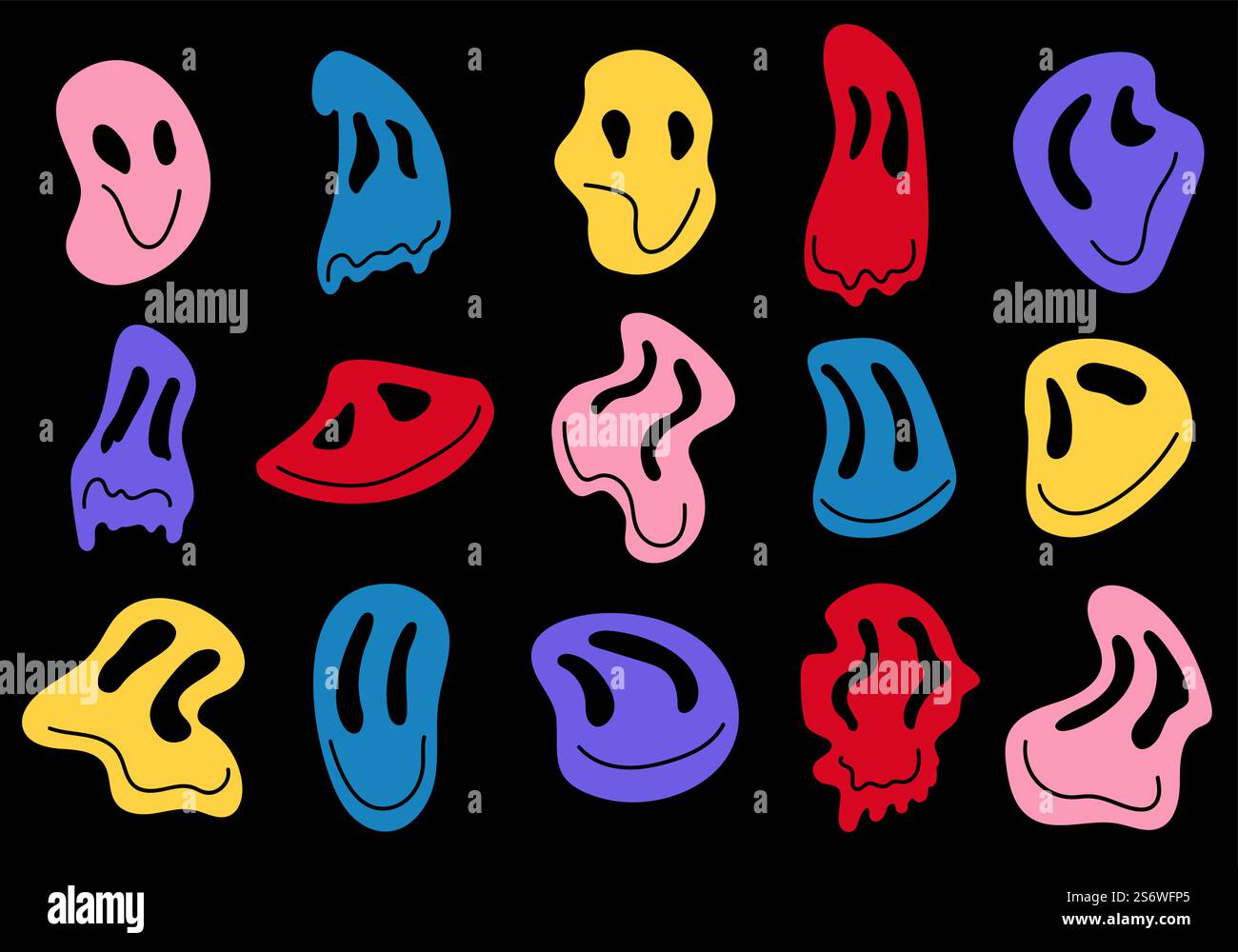 Schmelzende Flächen. Drogenpsychedelisch lächelndes Gesicht, exotisch verzerrte Porträts. Tropfende verrückte Zeichentrickelemente, lustige funky dekorative Kunst anständiges Vektordesign. Illustration von Gesichtskritzelei lustig. Schmelzende Flächen. Drogenpsychedelisch lächelndes Gesicht, exotisch verzerrte Porträts. Tropfende verrückte Zeichentrickelemente, lustige funky dekorative Kunst anständiges Vektordesign Stock Vektor