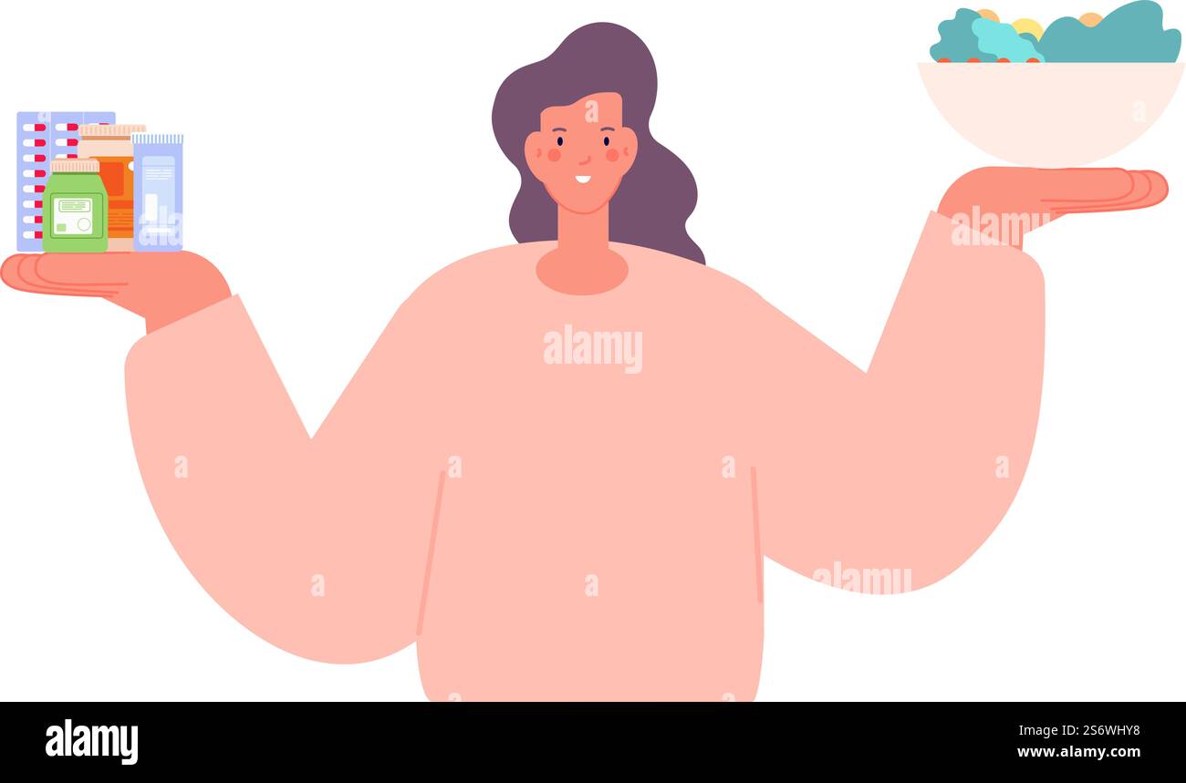 Vitamine in Lebensmitteln oder in Pillen. Gesundheit, gute Laune und Gesundheit. Wählen Sie die richtige Mahlzeit. Medikamente gegen Gemüse und Obst. Glückliche Frau, die Grüns und Drogen serviert, Vektor. Illustration der Pillenernährung. Vitamine in Lebensmitteln oder in Pillen. Gesundheit, gute Laune und Gesundheit. Wählen Sie die richtige Mahlzeit. Medikamente gegen Gemüse und Obst. Glückliche Frau hält Schüssel mit Grünzeug und Drogen, Vektorkonzept Stock Vektor