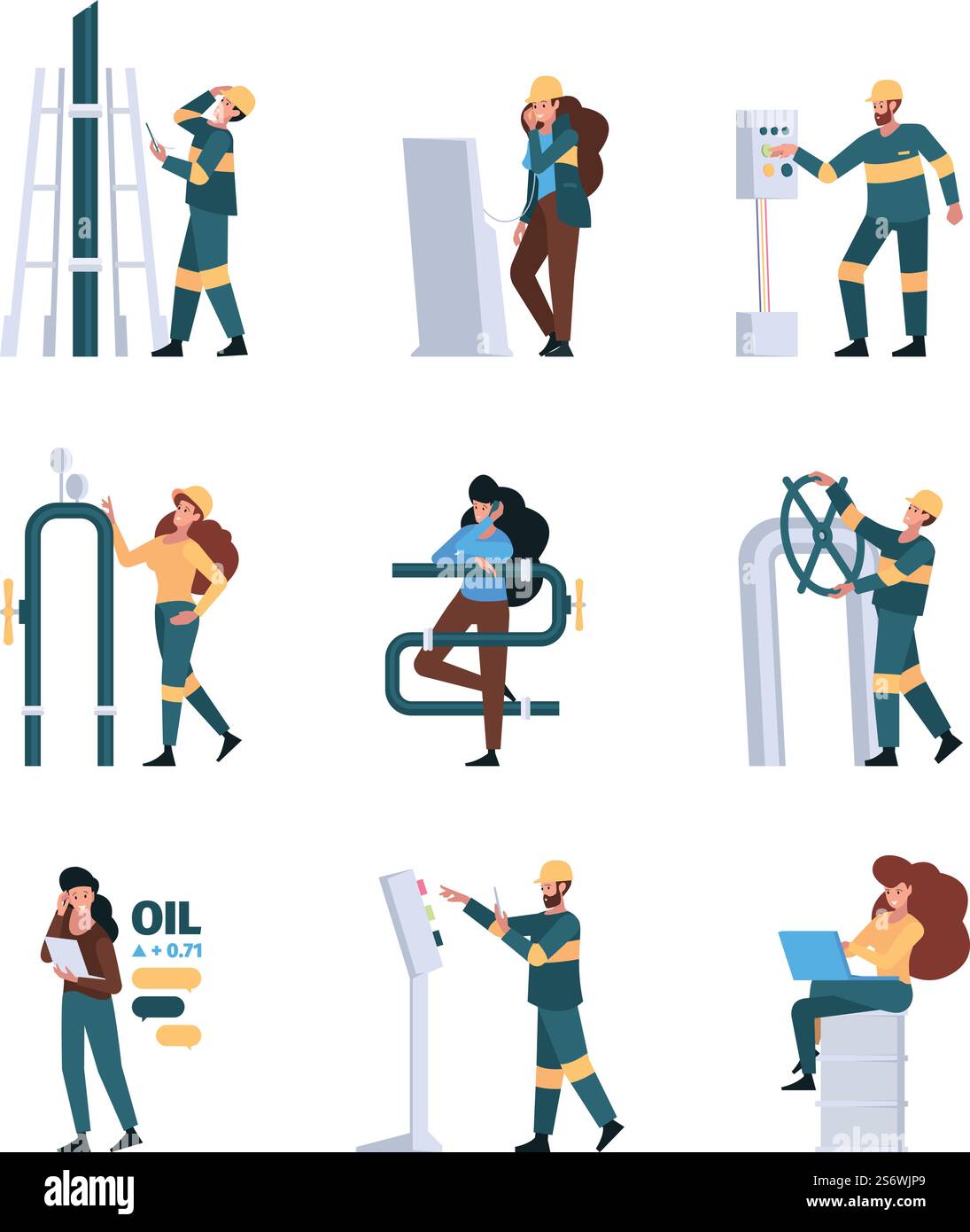 Mitarbeiter der Ölindustrie. Professionelle Arbeiter Industrieingenieure arbeiten an Pipelines Gasproduktion grell Vektor flache Zeichen. Illustration Berufsarbeiter Öl, Ingenieur Gas Industrie. Mitarbeiter der Ölindustrie. Professionelle Arbeiter Industrieingenieure arbeiten an Pipelines Gasproduktion grell Vektor flache Zeichen Stock Vektor