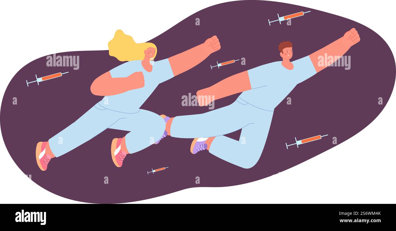 Medizinisches Team fliegt mit Spritzen. Cartoon Flat Ärzte oder Krankenschwestern, Krankenhausfachleute in Uniform. Grippe und Epidemieprävention, Impfvektorkonzept. Illustration des medizinischen Teams mit Spritze. Medizinisches Team fliegt mit Spritzen. Cartoon Flat Ärzte oder Krankenschwestern, Krankenhausfachleute in Uniform. Grippe und Epidemieprävention, Impfvektorkonzept Stock Vektor
