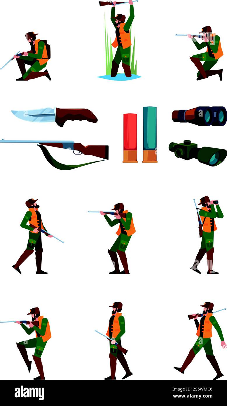 Jagdattribute. Jäger in Rüstungskleidung mit Rüschenpistole Jagd Hirn Waffen Fernglas Falle Reiseführer Vektor flache Bilder Set. Jäger und Ausrüstung für die Jagd, Fernglas Pistole und Messer Illustration. Jagdattribute. Jäger in Rüstungskleidung mit Rüschenpistole Jagd Hirn Waffen Fernglas Falle Reiseführer grell Vektor flache Bilder Set Stock Vektor