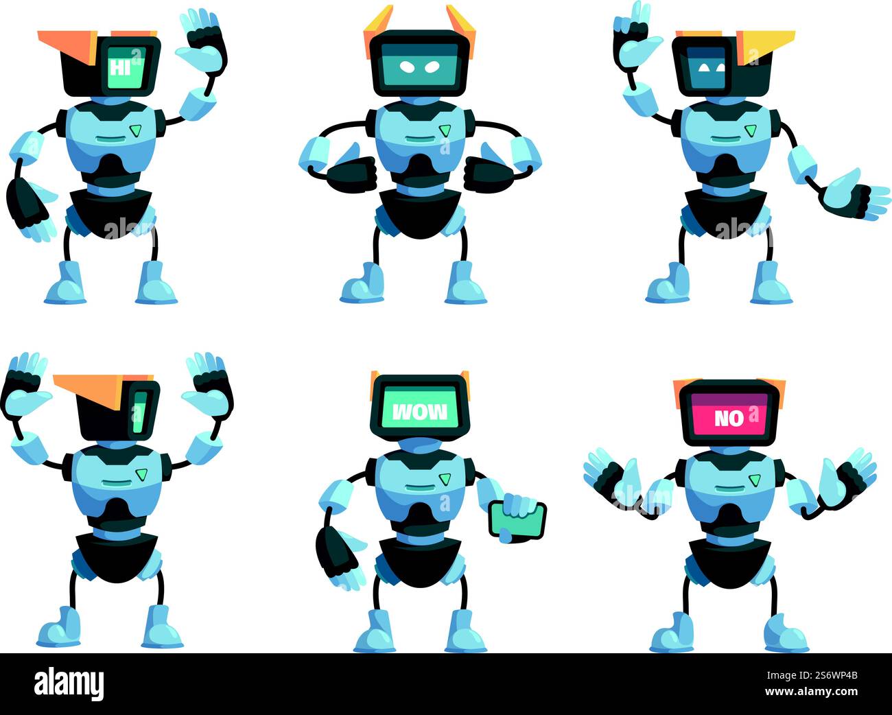 Robotersammlung. Lustige Roboterandroiden in Aktion stellen Spielfiguren stehen springend futuristische Stahlkörperteile grelle Vektor flache Illustrationen. Robotermaschine und Cyborg Cute android-Technologie. Robotersammlung. Lustige Roboterandroiden in Aktion stellen Spielfiguren stehen springend futuristische Stahlkörperteile grelle Vektor flache Illustrationen Stock Vektor