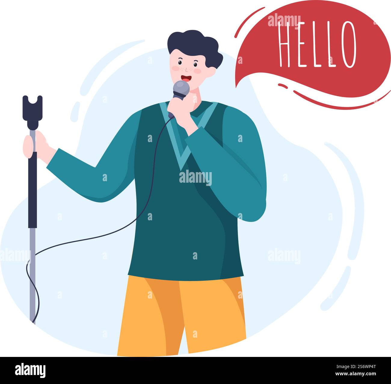 Stand Up Comedy Show Theaterszene mit roten Vorhängen und offenem Mikrofon auf Comedian auf der Bühne in Flat Style Cartoon Illustration Stock Vektor