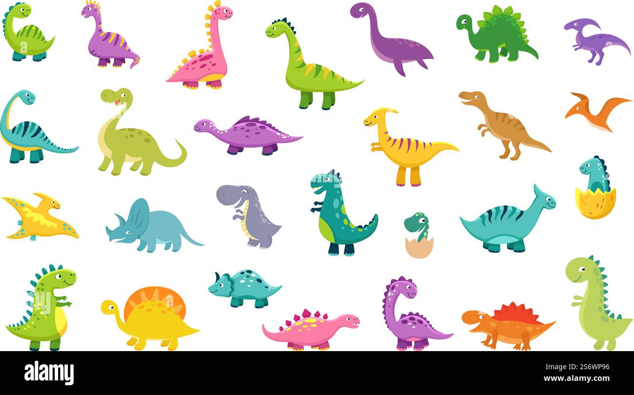Niedliches Dinosaurier-Set. Cartoon Dinos, Dinosaurier Charaktere. Tyrannosaurus, Triceratop, Pterodactyl. Lustige prähistorische Tiere, Vektorsammlung für Kinder. Illustration eines Dino-Monsters mit Tiercharakter. Niedliches Dinosaurier-Set. Cartoon Dinos, Dinosaurier bunte, isolierte Charaktere. Tyrannosaurus, Triceratop, Pterodactyl. Lustige prähistorische Tiere, Vektorsammlung für Kinder Stock Vektor