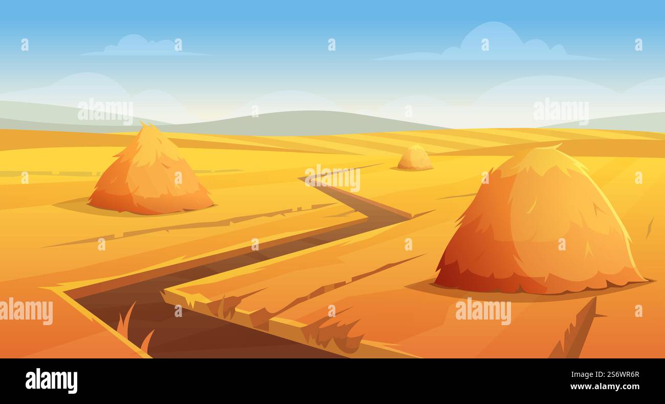 Heuhaufen Hintergrund. Ländliche Dorflandschaft Bauernhof Weizenfeld mit runden und quadratischen Stapel am Horizont exakte Vektorillustration. Heuhaufen auf dem Land, Heuhaufen auf dem Bauernhof. Heuhaufen Hintergrund. Ländliche Dorflandschaft Bauernhof Weizenfeld mit runden und quadratischen Stapel am Horizont exakte Vektorillustration Stock Vektor