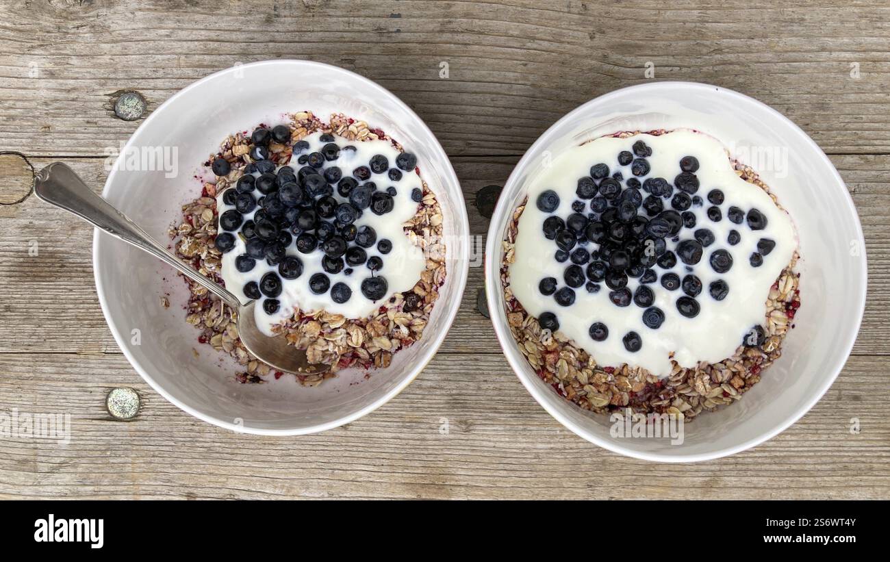 Gesundes Frühstück auf der Berghütte, Müsli mit frischen Heidelbeeren und Joghurt Stockfoto