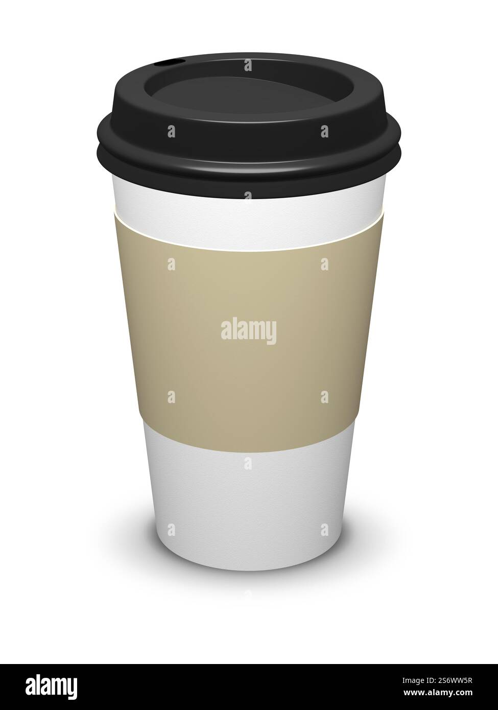 3D-Abbildung einer typischen Coffee To Go-Tasse, isoliert auf weißem Hintergrund Stockfoto