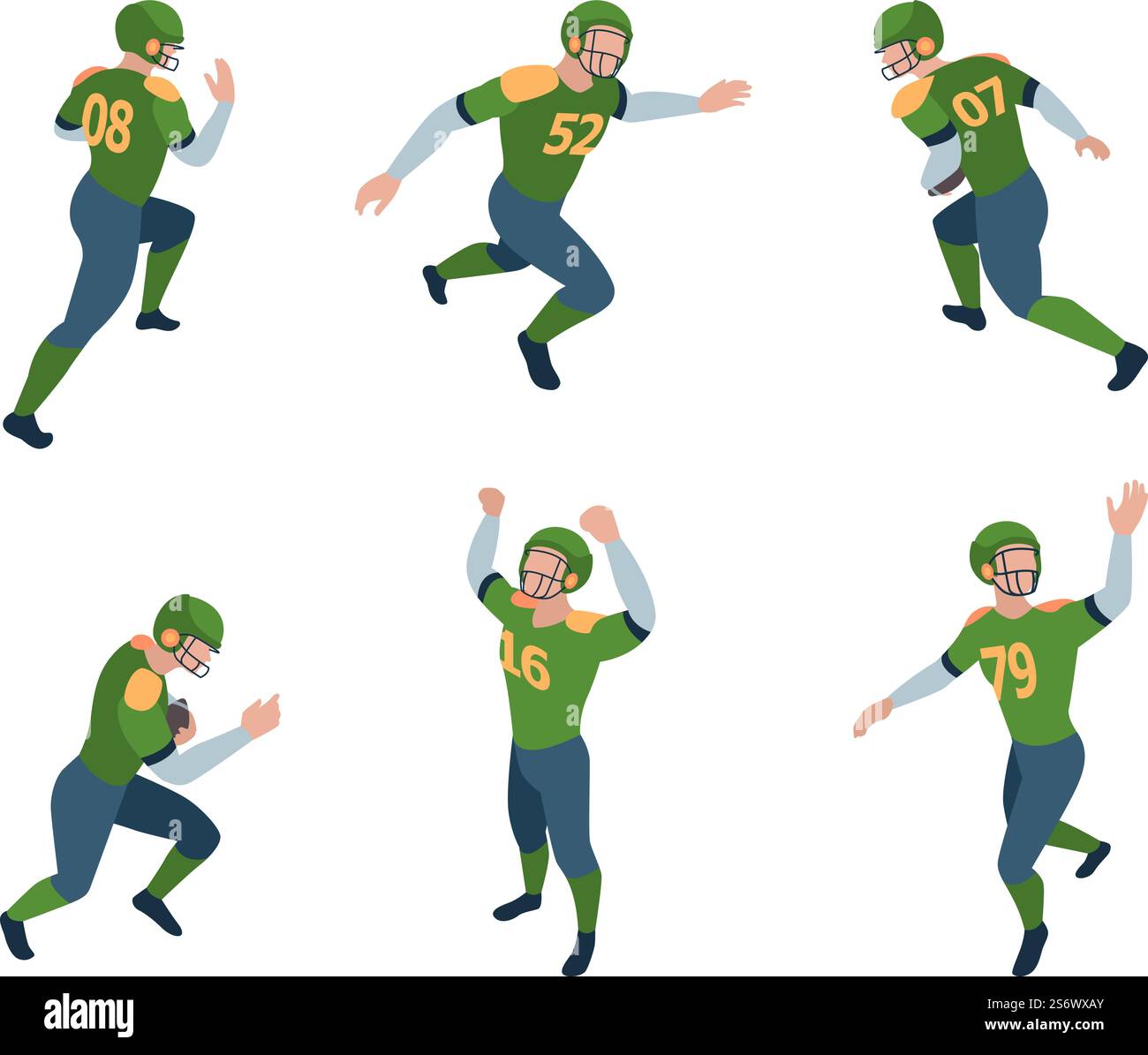 Fußballspieler. Isometrische Sportfiguren amerikanische Fußballspieler, die springend stehen und Ballvektor 3D-Personen in dynamischer Pose halten. Illustration Sport american Football Spiel mit Ball. Fußballspieler. Isometrische Sportfiguren amerikanische Fußballspieler, die springend stehen und Ball grell-Vektor halten, 3D-Personen in dynamischer Pose Stock Vektor