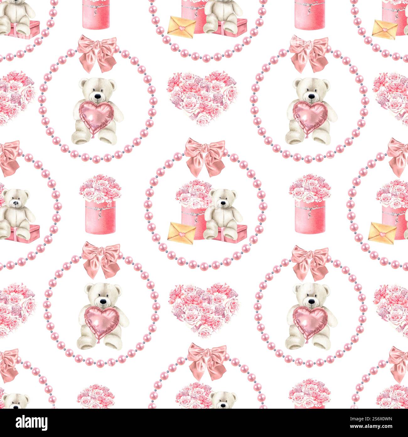 Nahtloses Muster mit Teddybär, Geschenkboxen, Rosen, Perlenkranz. Aquarellillustration des Valentinshintergrunds für Geschenkpapier oder Textil Stockfoto