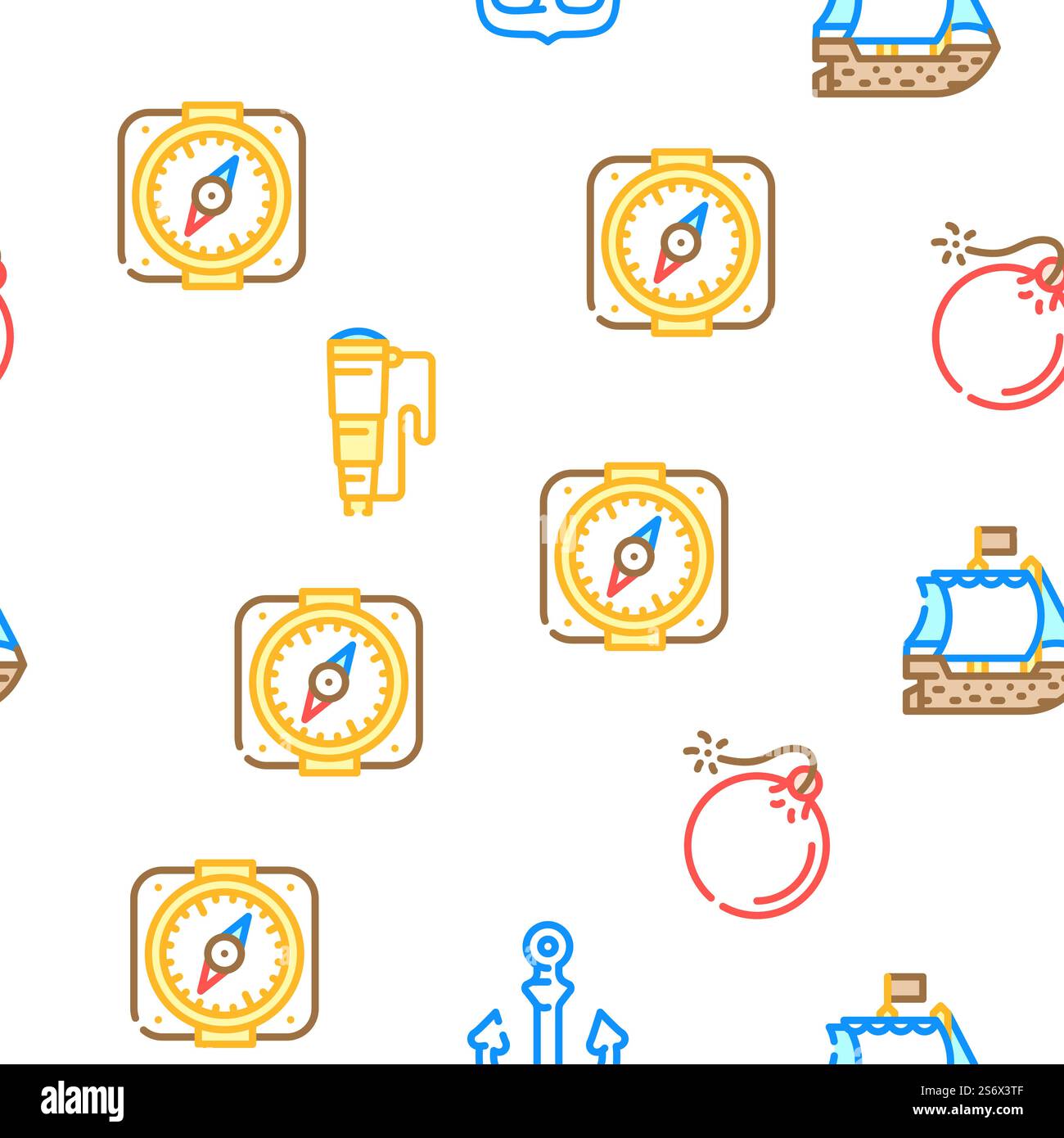 Pirate Sea Räuber Vektor Nahtlose Muster Farbe Linie Illustration. Seeräuber Seeräuber Vektor Nahtloses Muster Stock Vektor