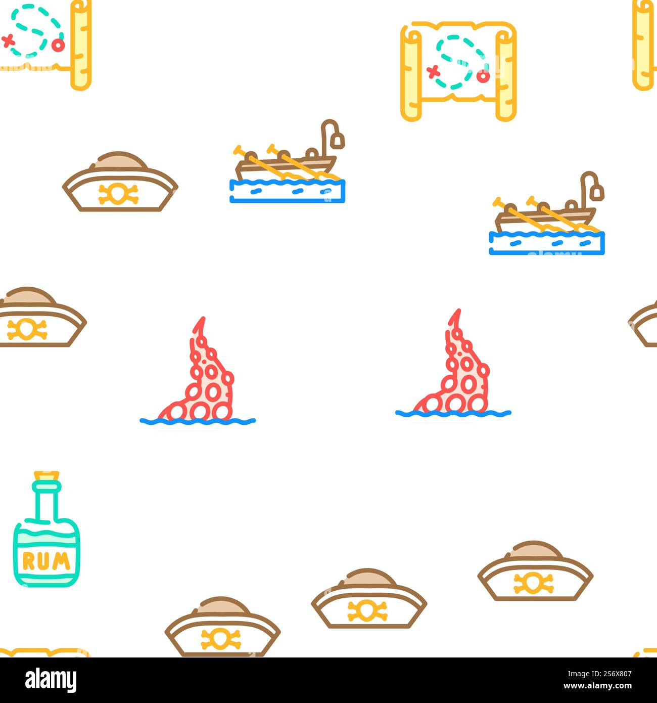 Pirate Sea Räuber Vektor Nahtlose Muster Farbe Linie Illustration. Seeräuber Seeräuber Vektor Nahtloses Muster Stock Vektor