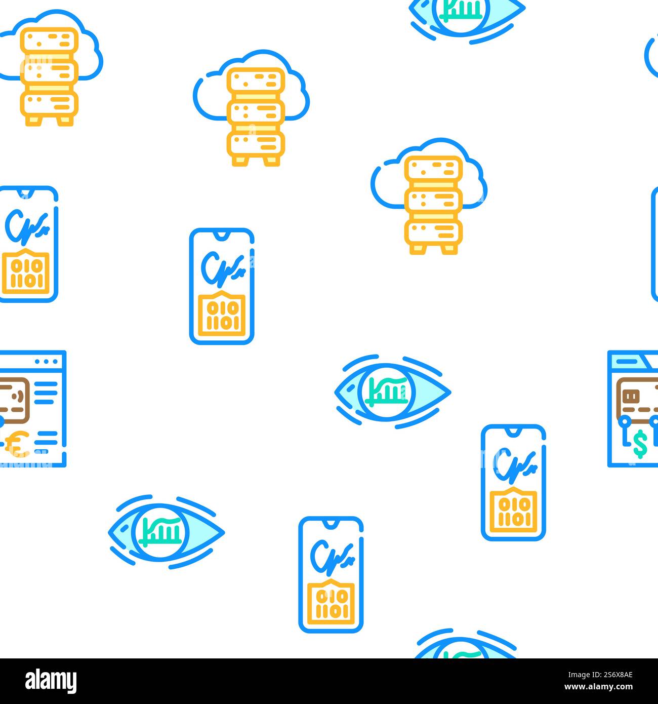 Finanztechnologie Und Software Vektor Nahtlose Muster Farblinie Illustration. Finanztechnologie- Und Softwaresymbole Set Vector Stock Vektor